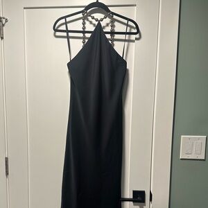 Navy Pearl Beaded Neck Halter Maxi Dress